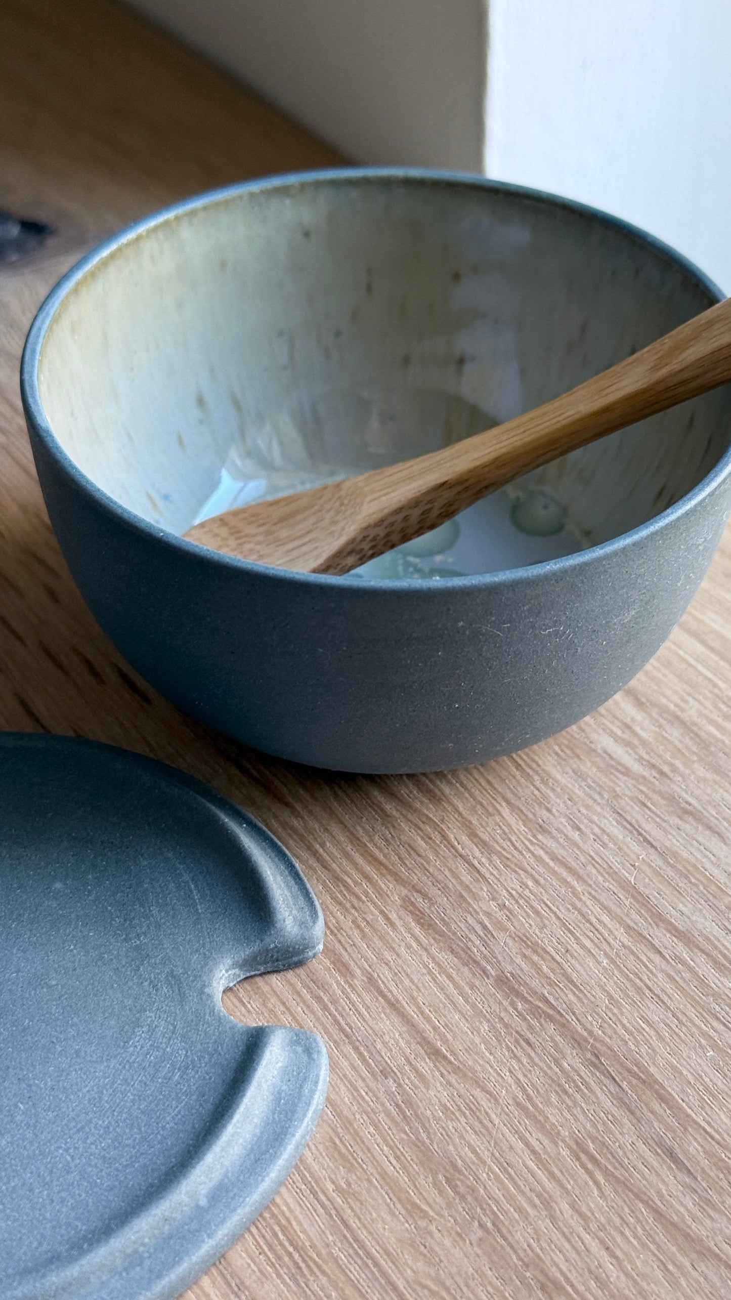 Sugar Bowl w/ lid & spoon, Petrol Blue w/ crystal glaze