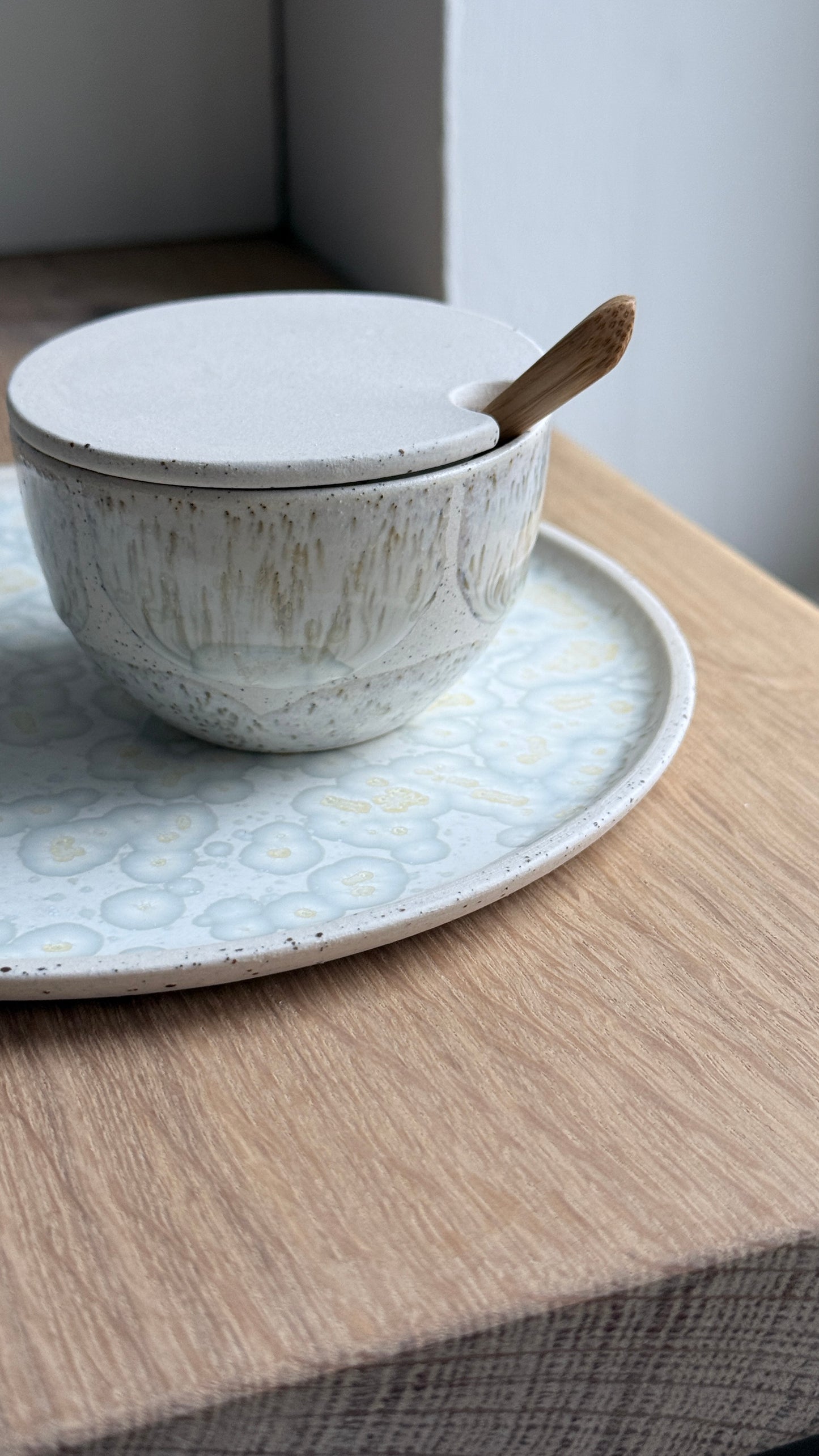 Salt Bowl, w/lid & Spoon, Matt white/ brush