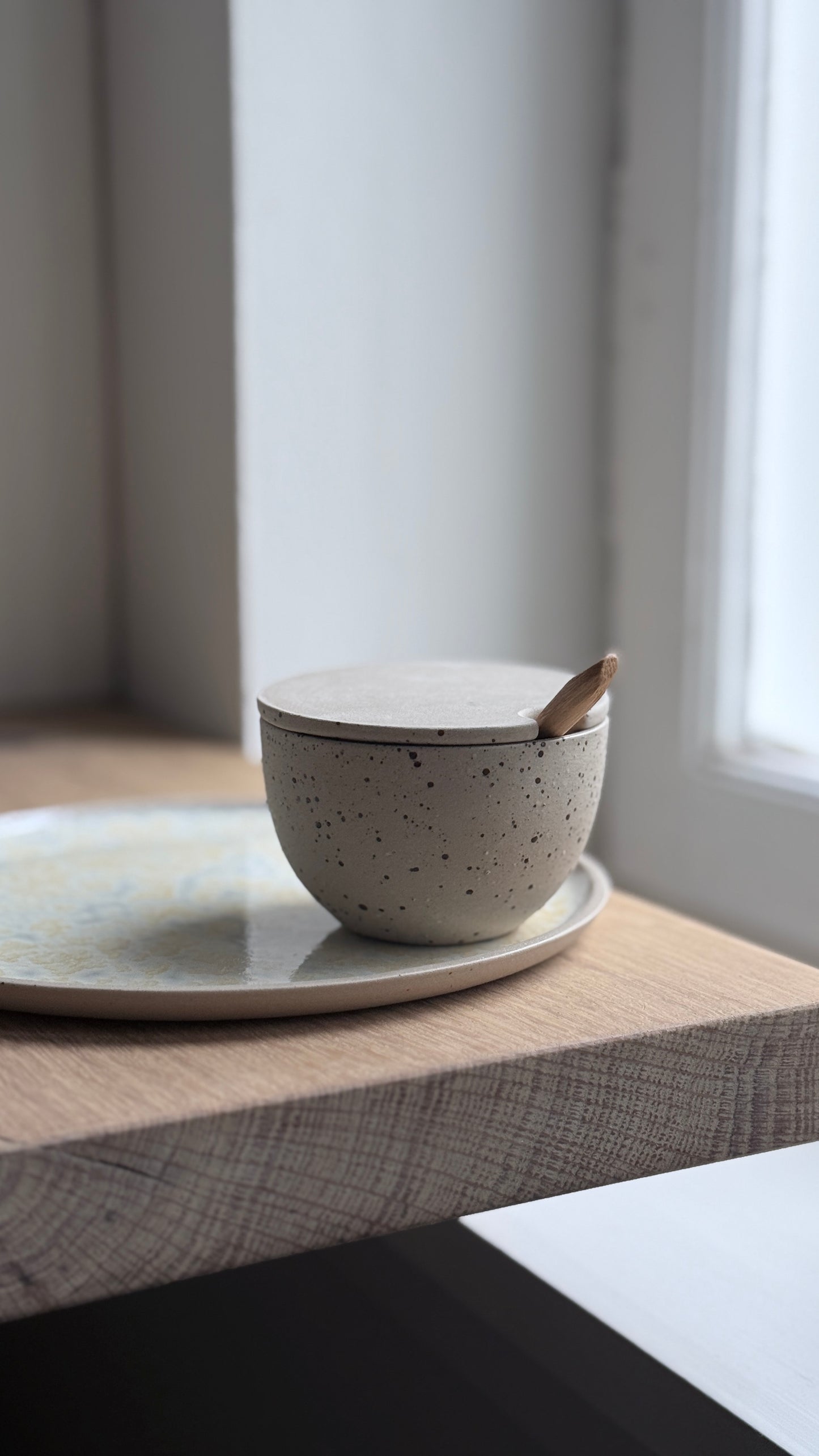 Salt Bowl, w/lid & Spoon, sand& Dots w/ crystal glaze