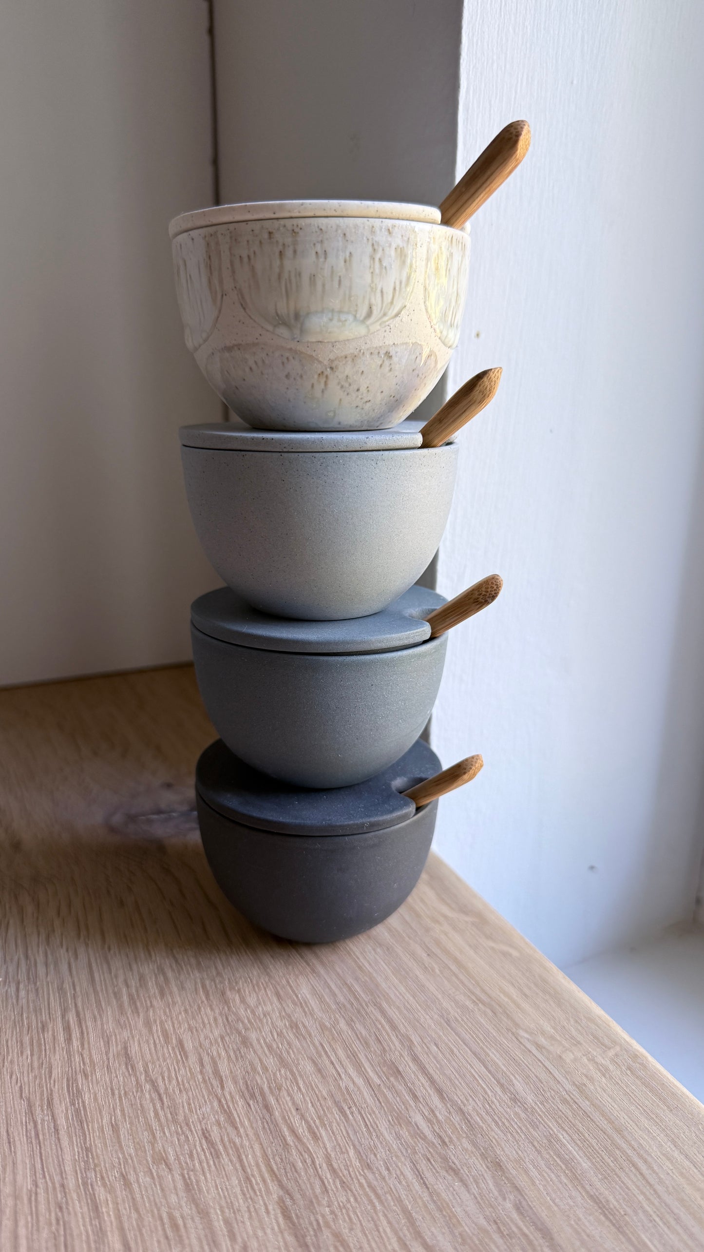 Salt Bowl, w/lid & Spoon, Stone Blue w/ crystal glaze