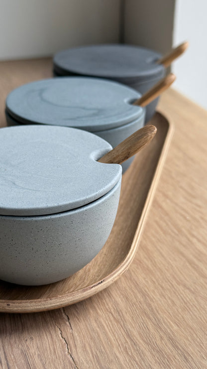 Salt Bowl, w/lid & Spoon, Stone Blue w/ crystal glaze