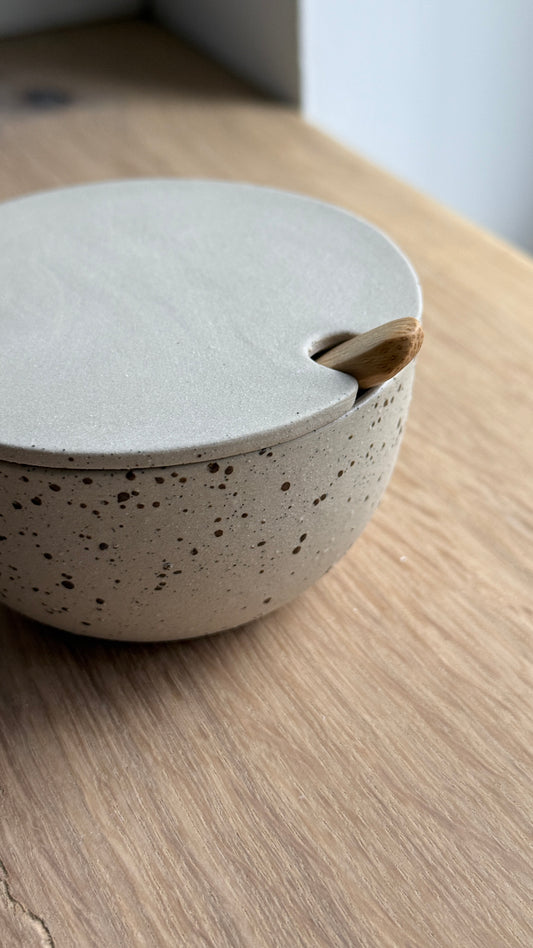 Sugar Bowl w/ lid & spoon, Sand & Dots w/ crystal glaze