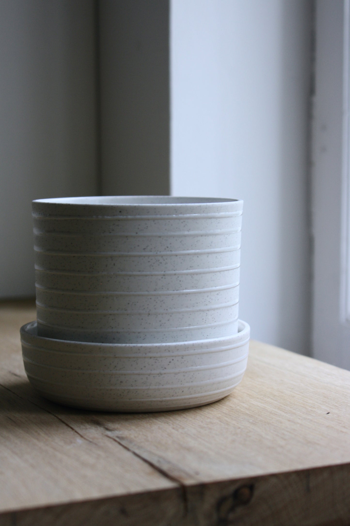 Plant Pot w/Saucer, Matt White w/ Stripes