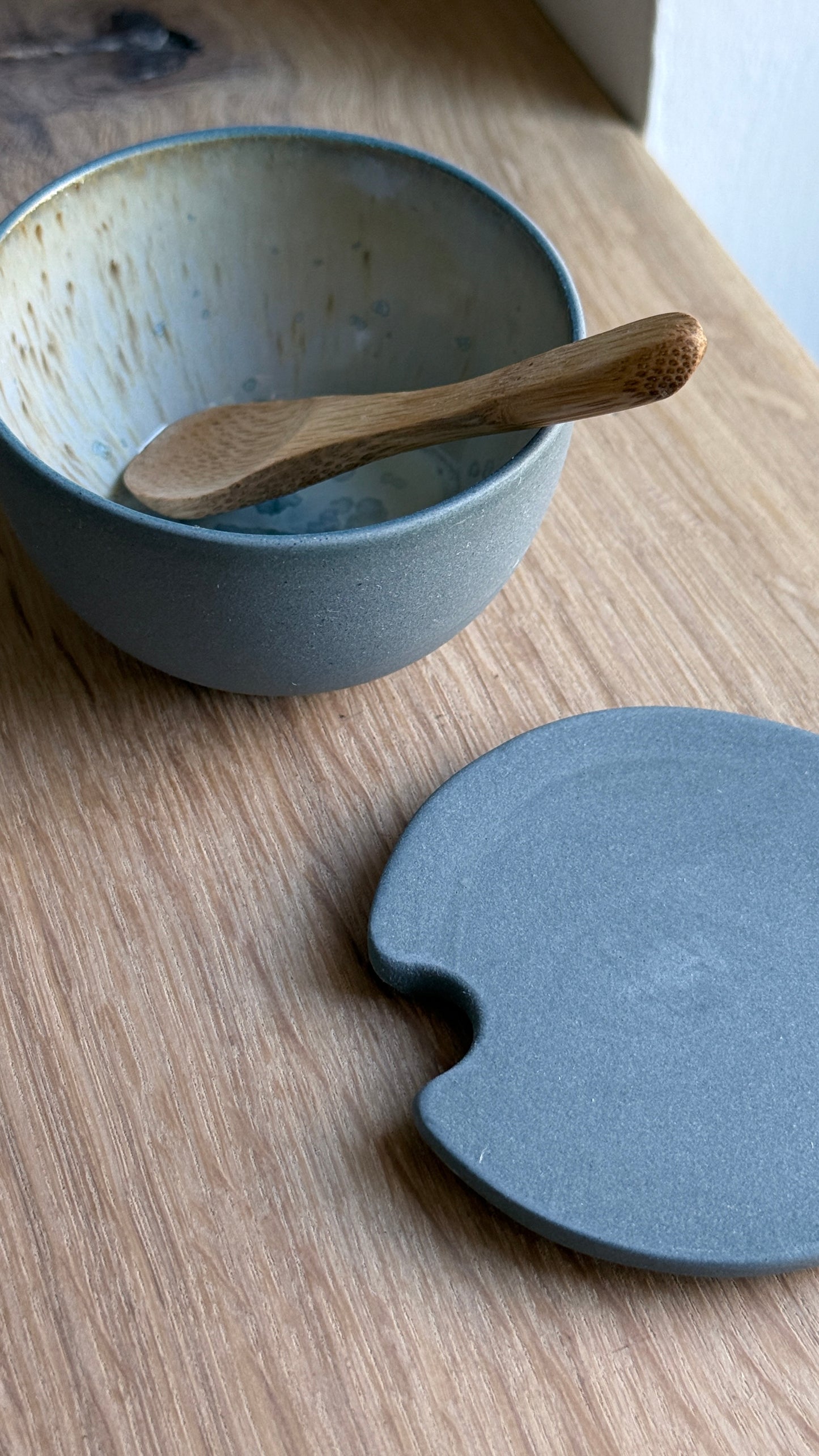 Salt Bowl, w/lid & Spoon, Petrol Blue w/ crystal glaze