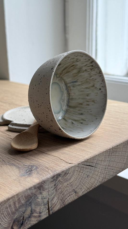 Salt Bowl, w/lid & Spoon, sand& Dots w/ crystal glaze