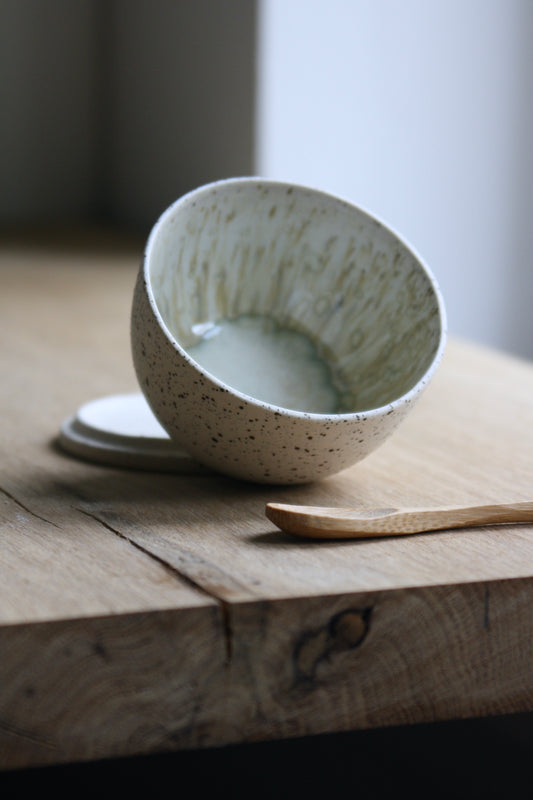 Lidded Bowl, w/Spoon, Dots w/ crystal glaze