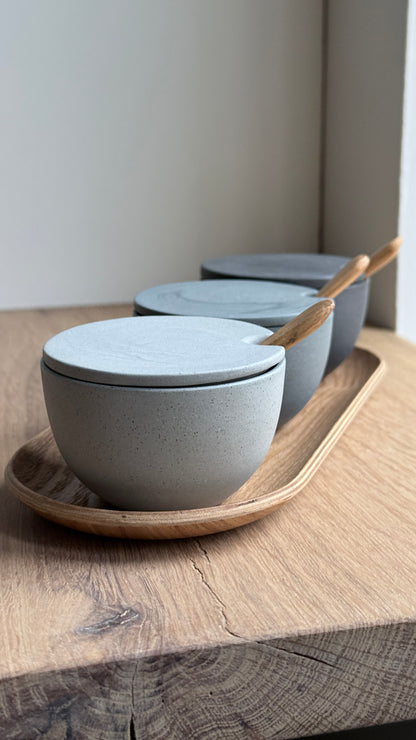 Salt Bowl, w/lid & Spoon, Stone Blue w/ crystal glaze