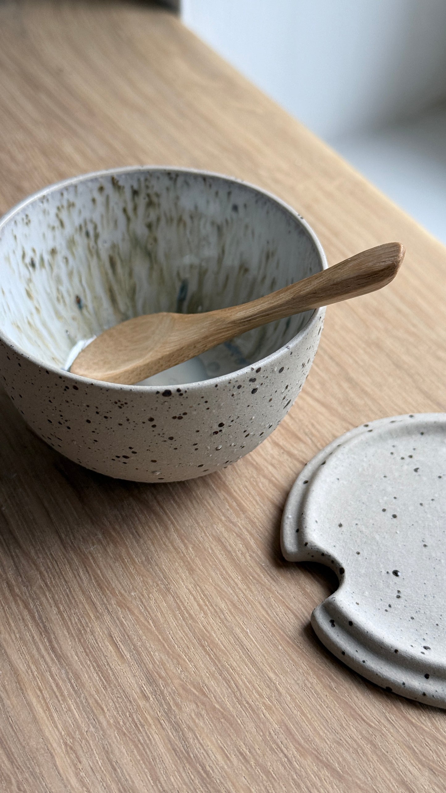 Salt Bowl, w/lid & Spoon, sand& Dots w/ crystal glaze