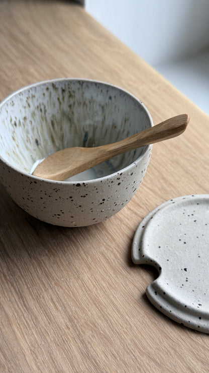 Salt Bowl, w/lid & Spoon, sand& Dots w/ crystal glaze