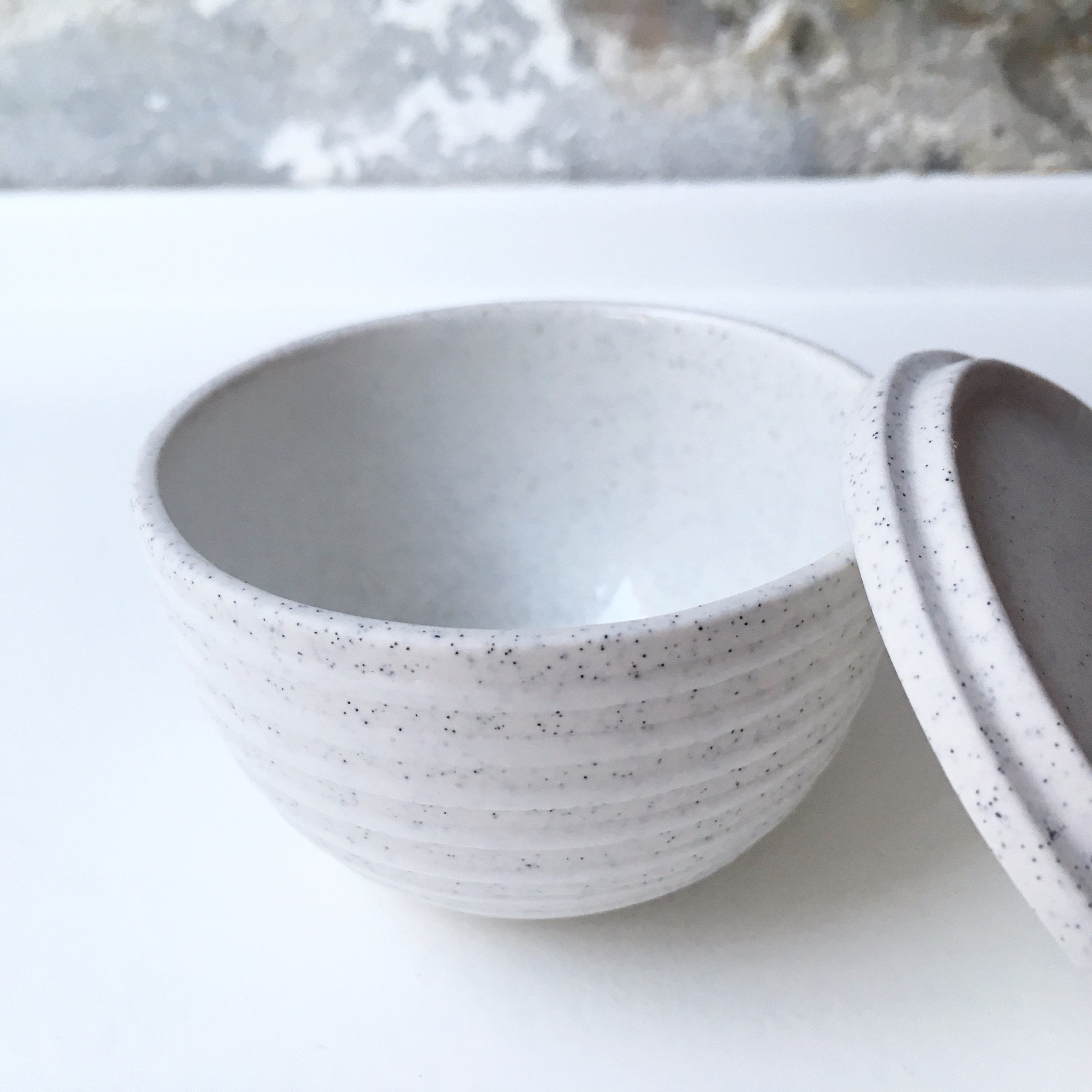 Lidded Bowl, Light Stone Grey w/ glazed stripes