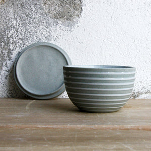 Lidded Bowl, Stone Blue w/ glazed stripes