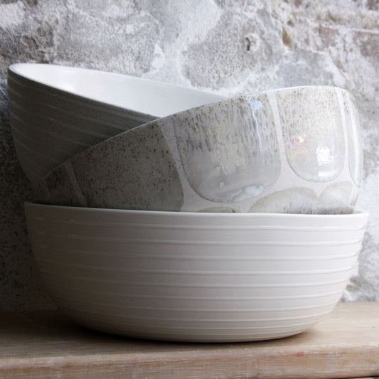 Serving Bowl, Light Stone Grey w/ glazed stripes