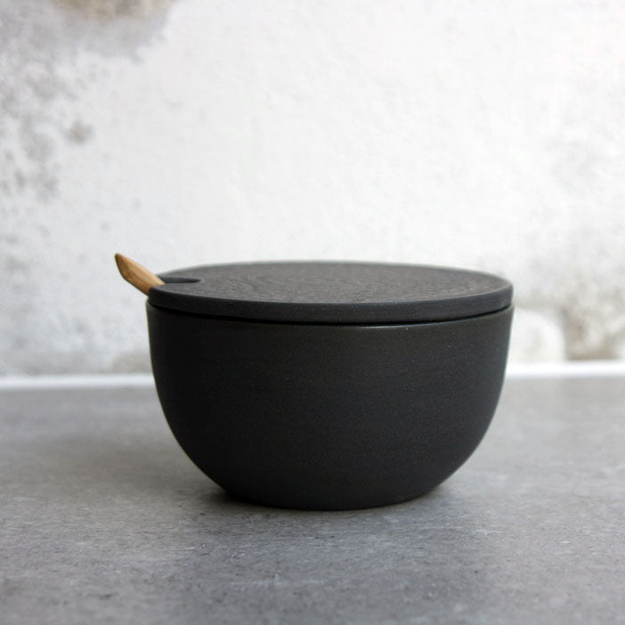 Sugar Bowl w/ lid & spoon, Black w/ crystal glaze