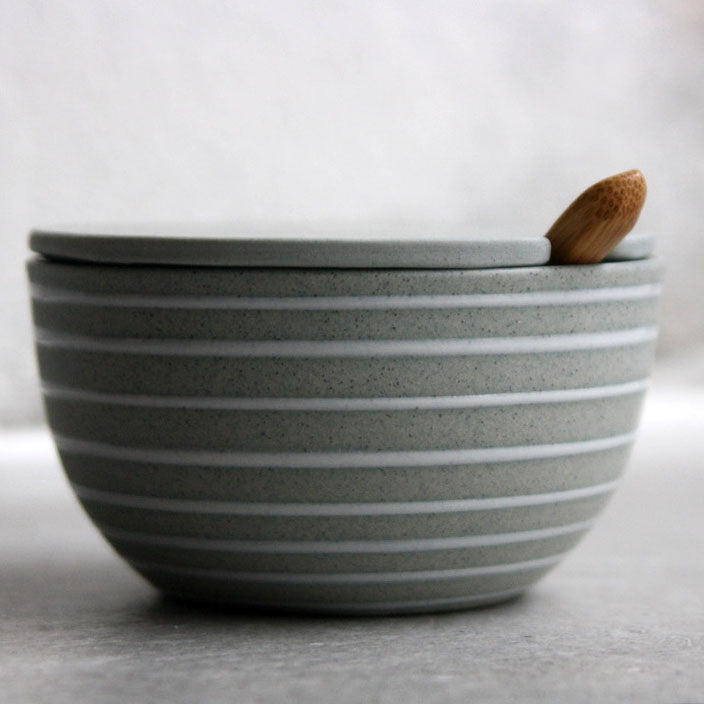 Sugar Bowl w/ lid & spoon, Stone Blue w/ glazed stripes